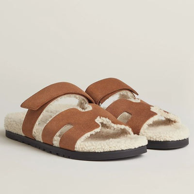 HERM Women's Chypre Sandals in Tan Suede with Shearling