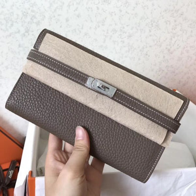 HERM Kelly Classic Long Wallet In Etoupe Clemence Leather