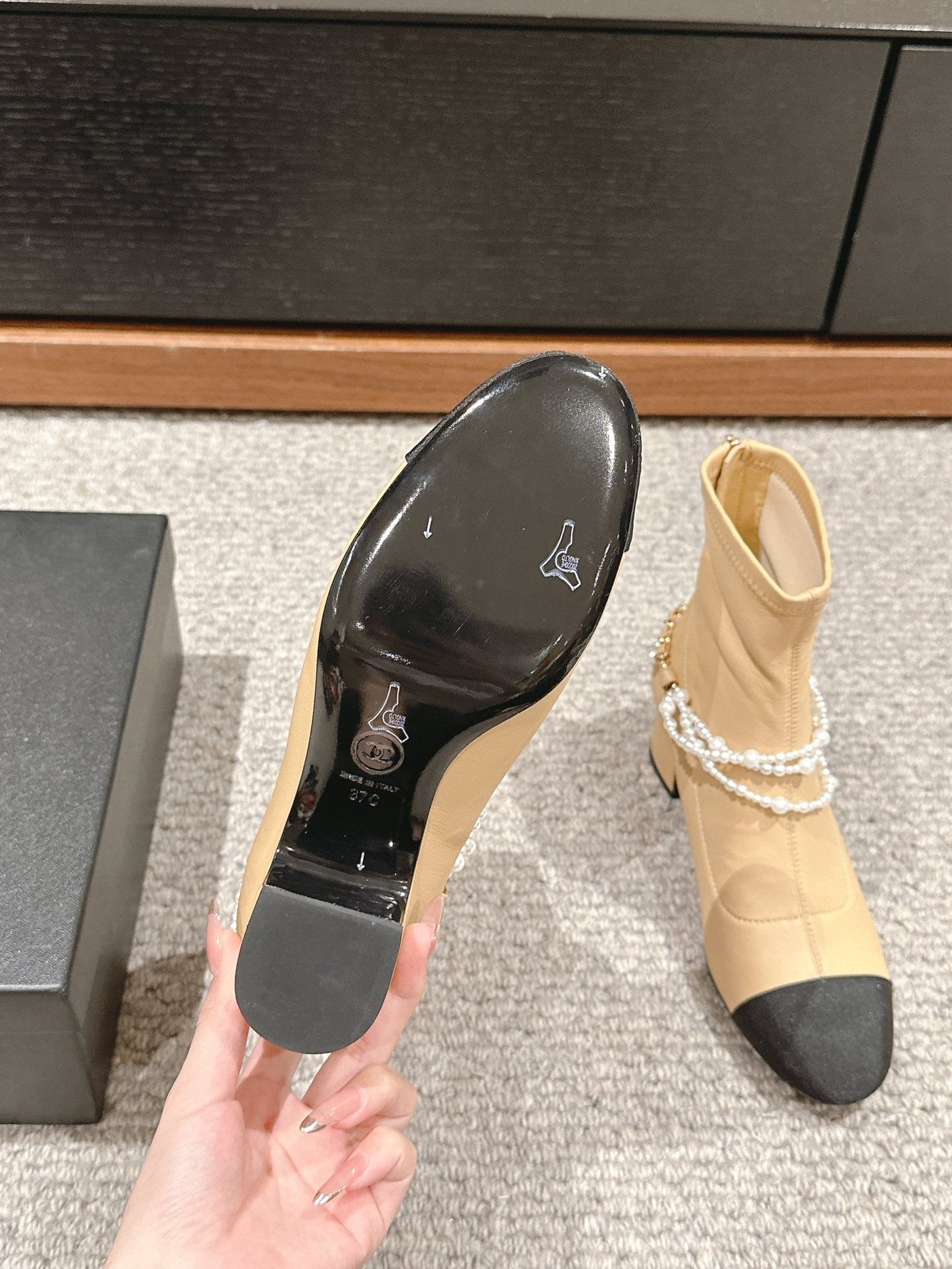 CC LOW CUT BOOTS IN SEPIA BEIGE STRETCH LAMBSKIN AND GROSGRAIN WITH PEARL CHAIN