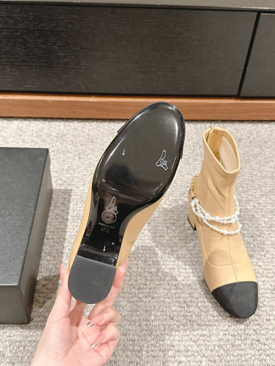 CC LOW CUT BOOTS IN SEPIA BEIGE STRETCH LAMBSKIN AND GROSGRAIN WITH PEARL CHAIN